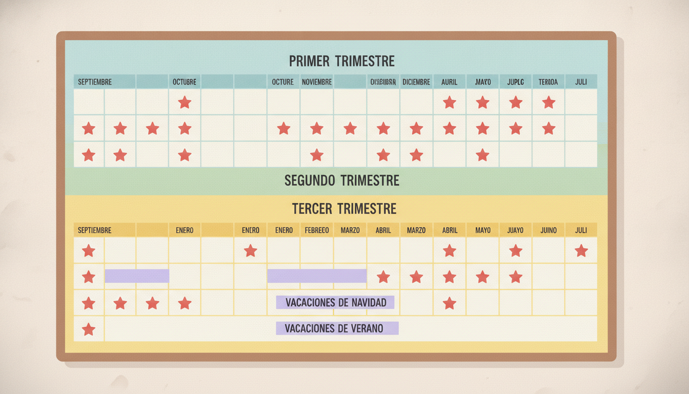 Calendario escolar con trimestres marcados y fechas festivas señaladas