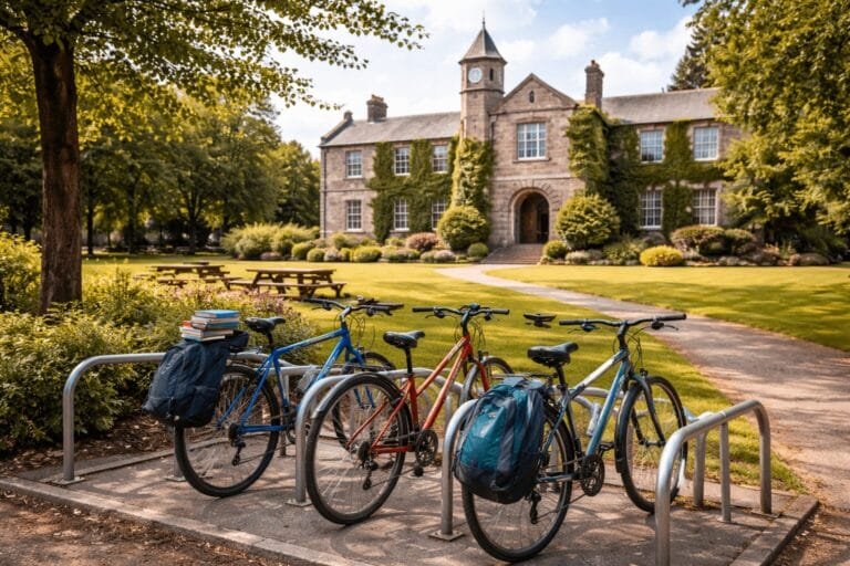 colegio en Irlanda con edificio de piedra y jardines verdes campus escolar irlandés
