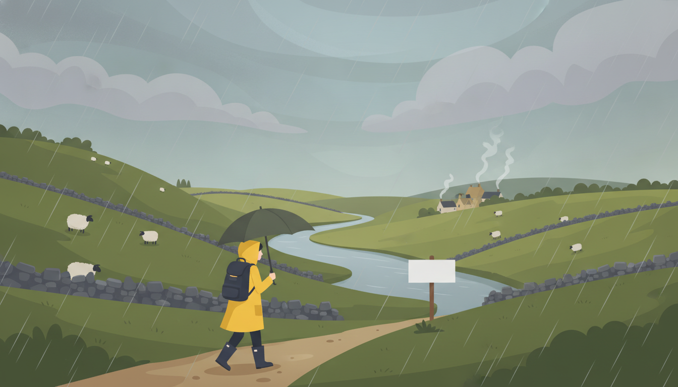 Estudiante con impermeable en paisaje irlandés lluvioso y nublado
