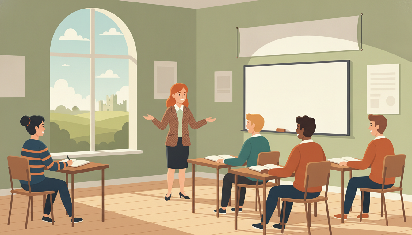 Estudiantes internacionales aprenden inglés con profesor en aula irlandesa.