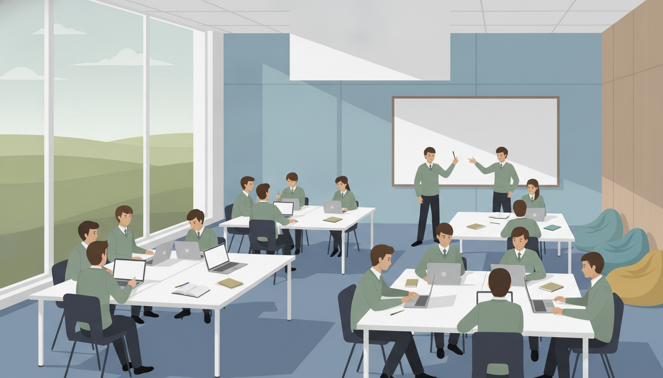 Estudiantes jóvenes colaboran en grupo dentro aula moderna instituto