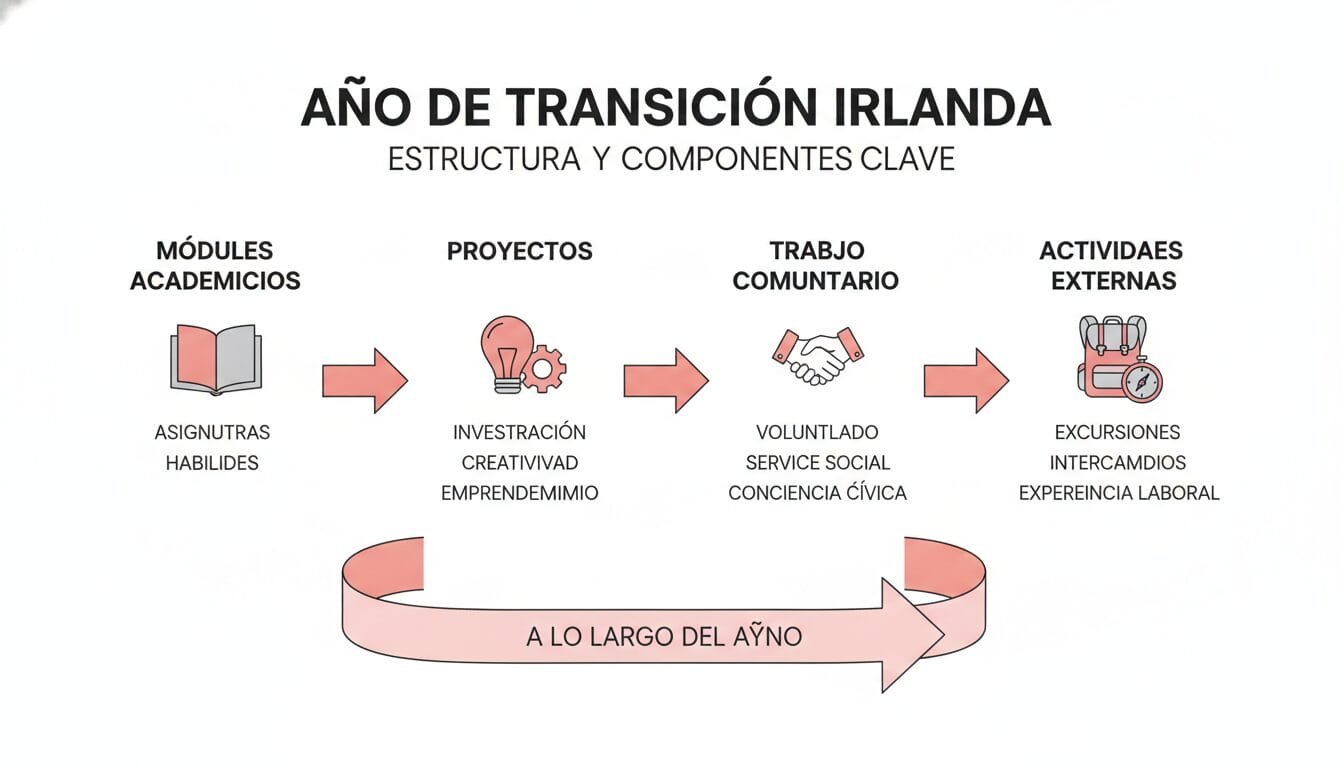 Estructura del Transition Year irlandés con módulos académicos, proyectos y actividades alternadas