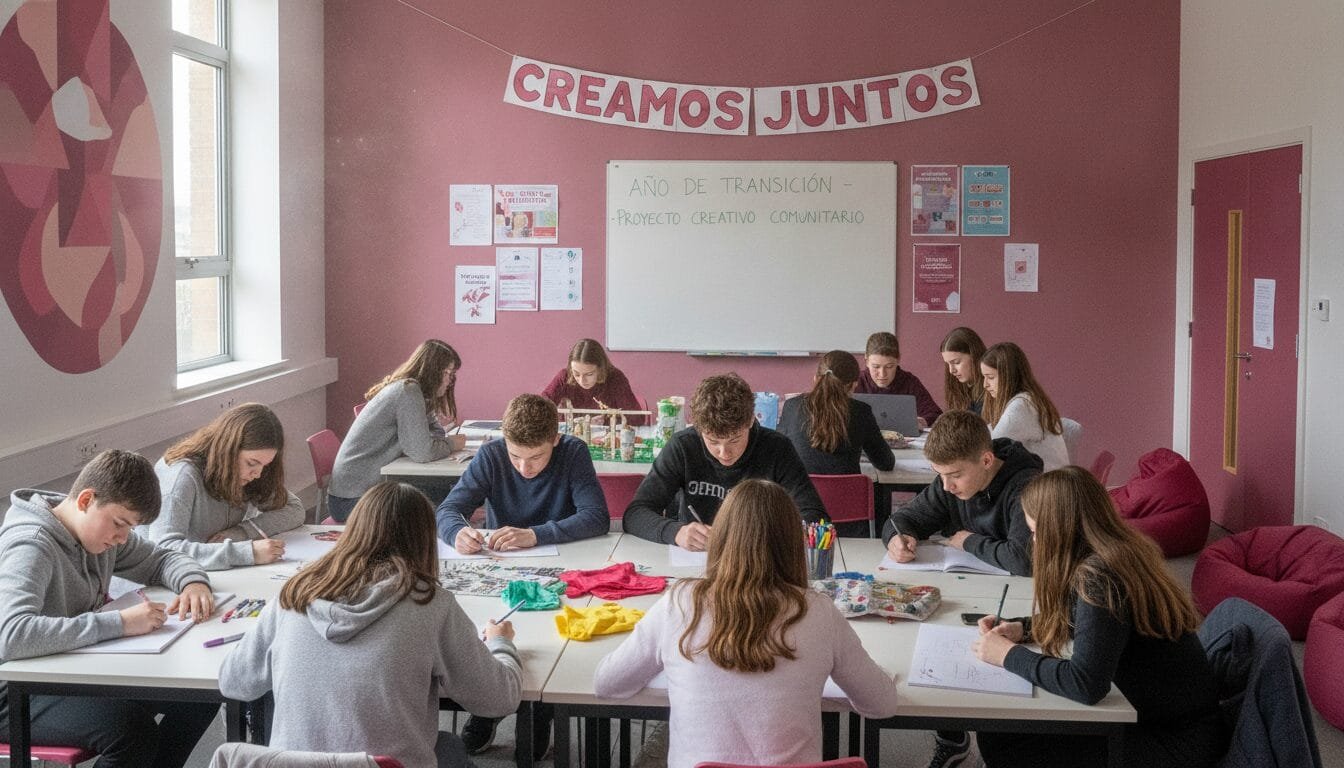 Estudiantes irlandeses colaboran en proyecto creativo durante clase grupal.