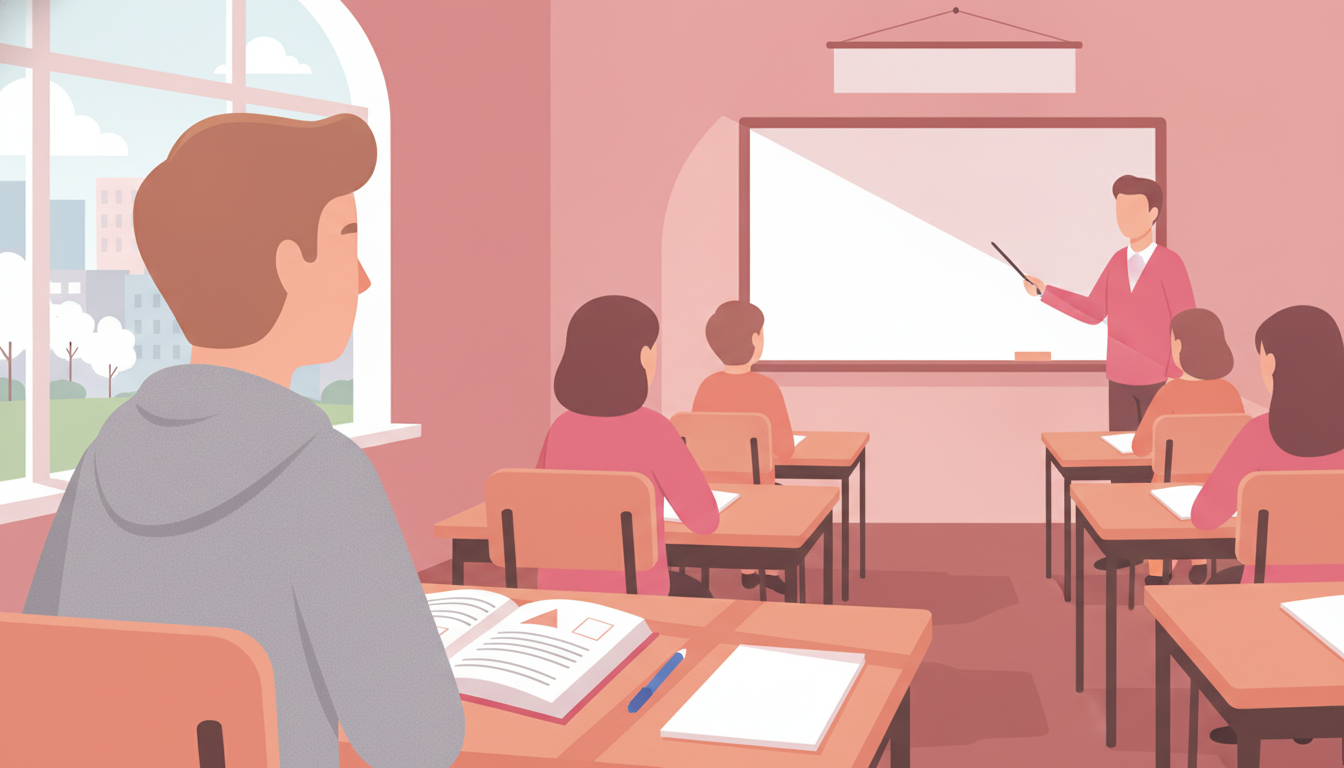 Adolescent distret mirant per la finestra durant una classe d'anglès