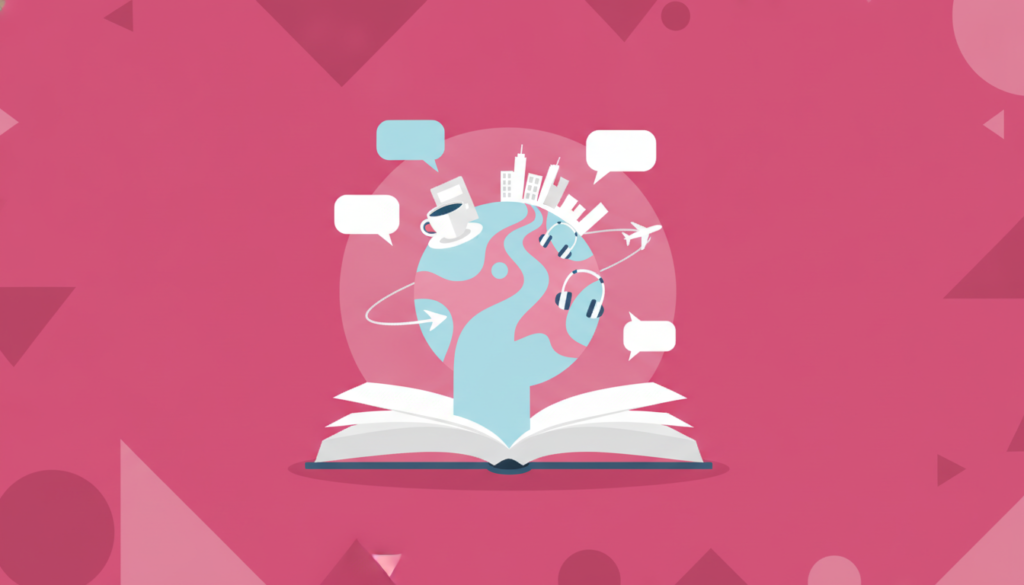 Persona estudiante inmersión lingüística inglés con libros auriculares