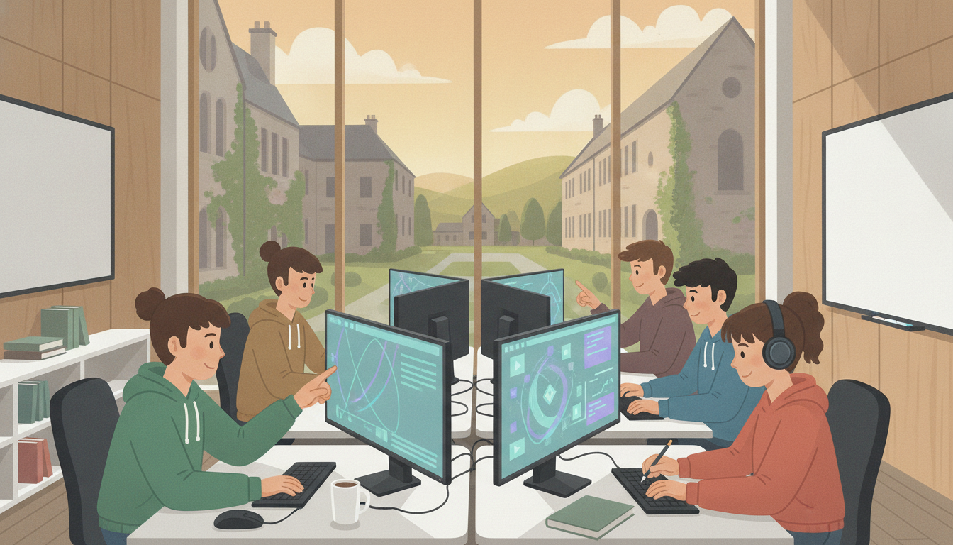 Adolescents estudien junts amb monitors en un campus universitari