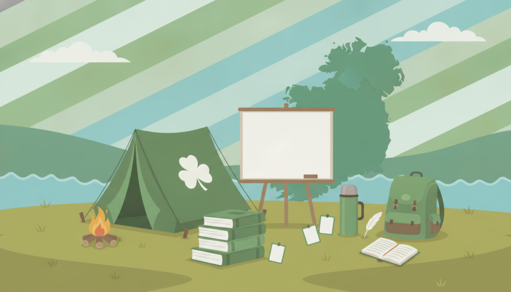 Estudiantes disfrutando campamento verano en Irlanda paisaje verde