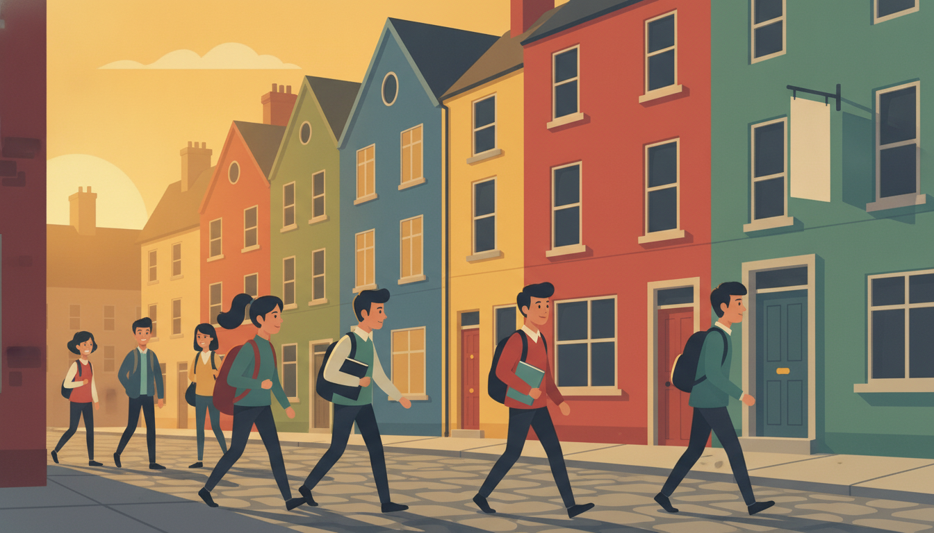 Joves estudiants en un carrer irlandès amb cases de colors de fons