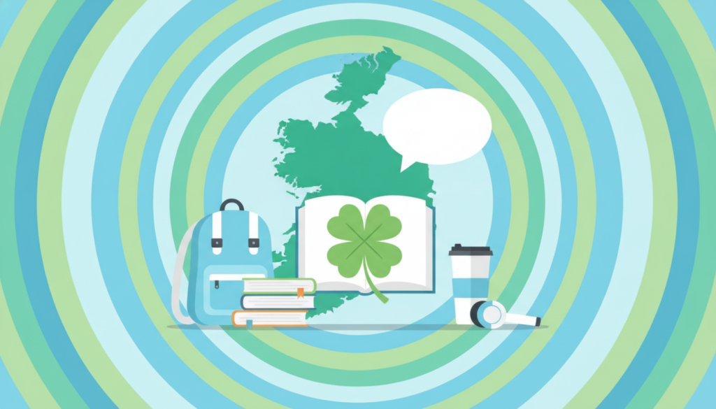 Joven estudiante frente a paisaje verde de Irlanda aprendiendo inglés