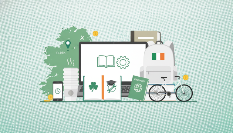 Joven estudiando junto a símbolos de Irlanda y oportunidades profesionales