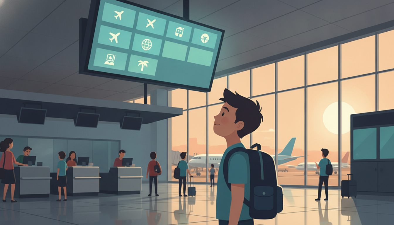 Jove estudiant consultant vols internacionals a l'aeroport amb motxilla