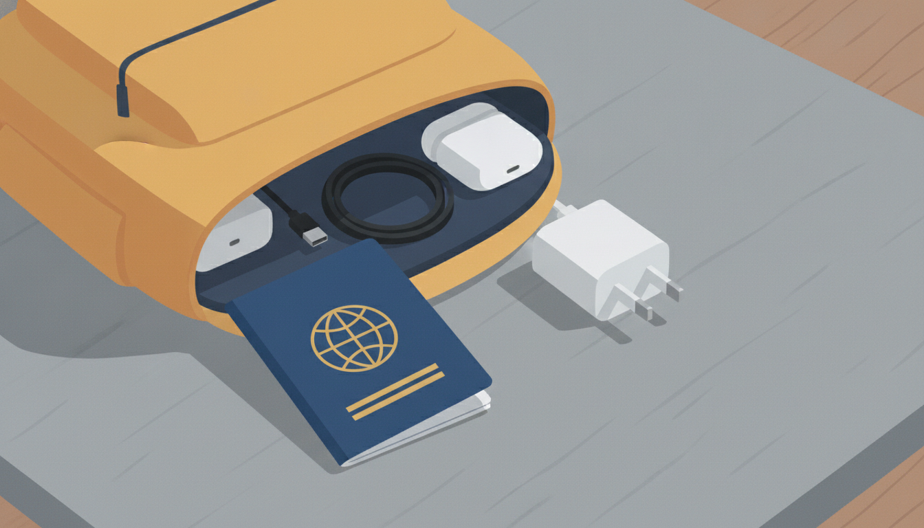 Mochila abierta con pasaporte, cargador, auriculares y adaptador enchufe