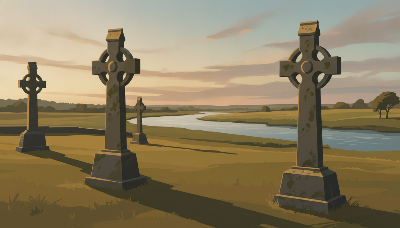 Ruïnes monàstiques de Clonmacnoise amb creus cèltiques vora el riu Shannon