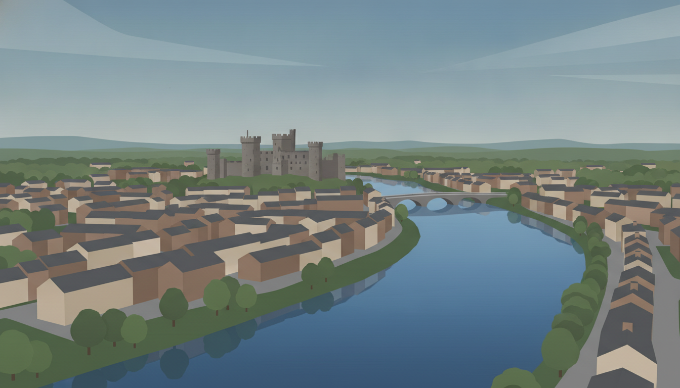 Vista aèria d'Athlone amb el riu Shannon i el castell històric